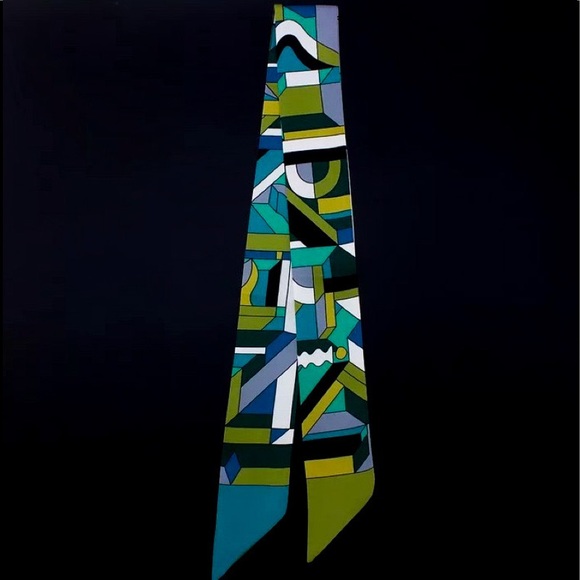 Silk Geometric Twilly Scarf Blue & Green - Picture 2 of 3